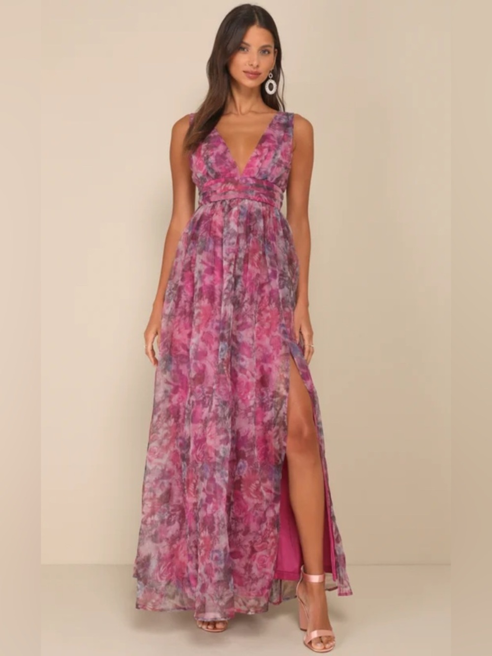 Lulu's Purple-Pink Floral V-Neck Maxi Dress